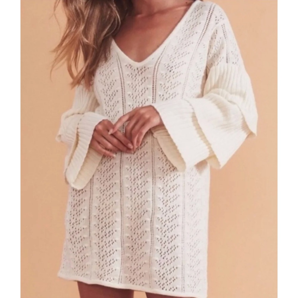 Tularosa Scout Pointelle Knit Ruffle Sleeve Sweater Dress Cream Womens Size L